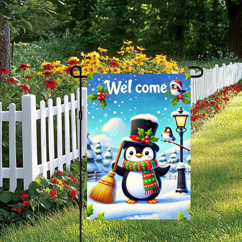 BlissYard Winter Garden Flag Christmas Outdoor Snow Scene Decoration for Porch Lawn Fence Double Sided 12x18 inch Cute Penguin Holiday Yard Welcome Sign Winter Wonderland Decor - Image 2
